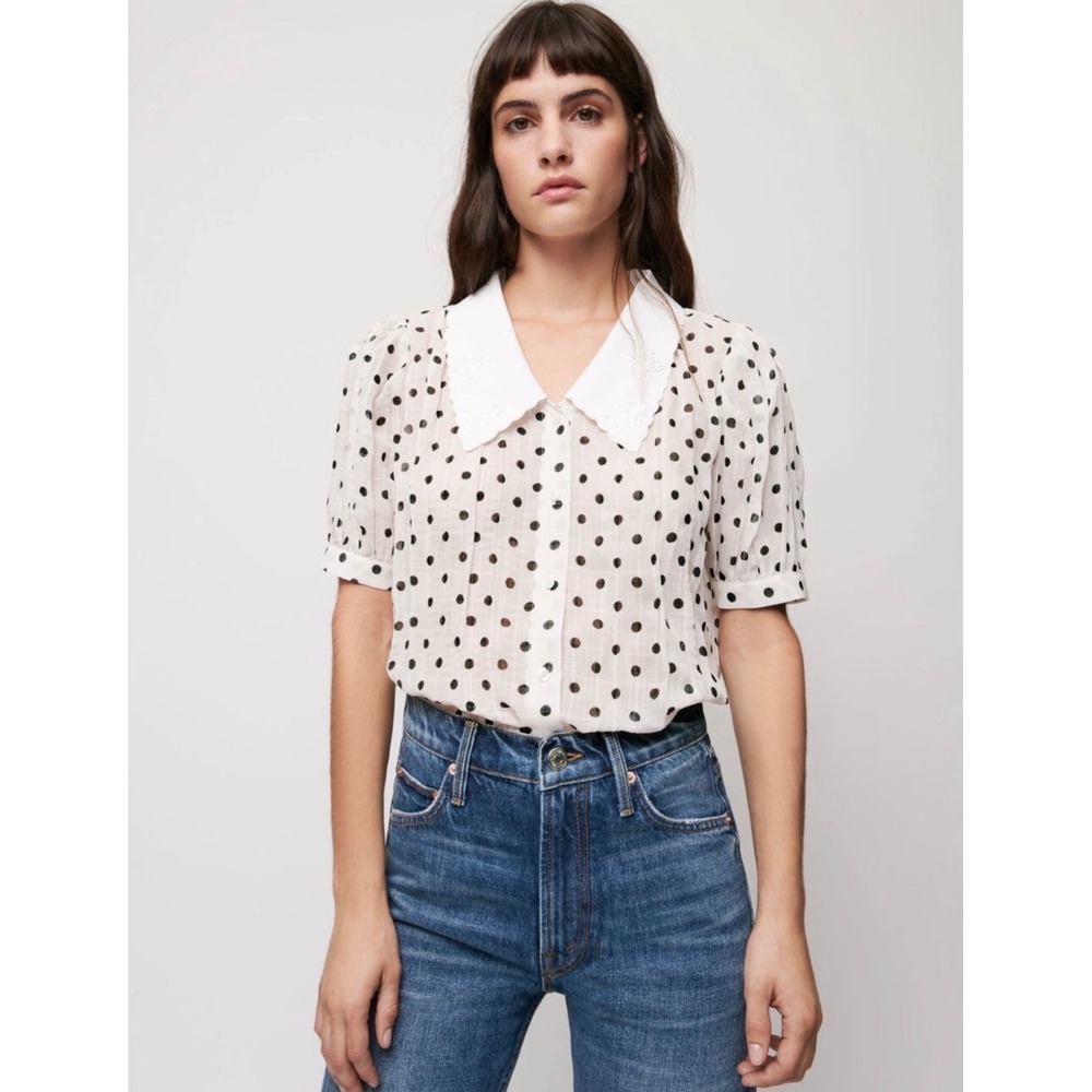 Maje Polka Dot Blouse Womens 2 White Black Embroidered Peter Pan Collar